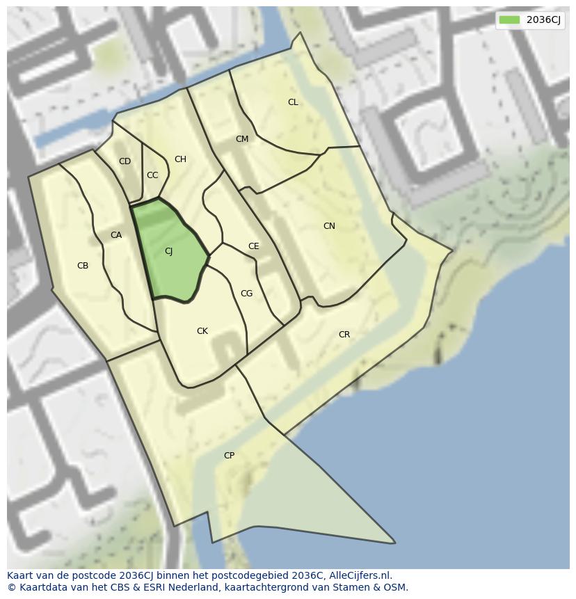 Afbeelding van het postcodegebied 2036 CJ op de kaart.