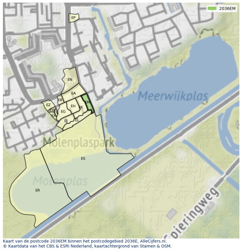 Afbeelding van het postcodegebied 2036 EM op de kaart.