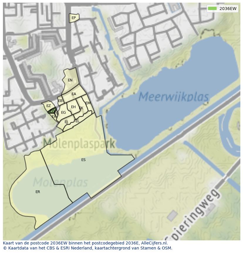 Afbeelding van het postcodegebied 2036 EW op de kaart.