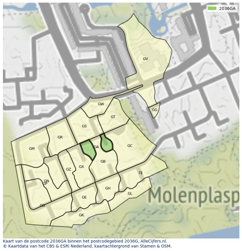 Afbeelding van het postcodegebied 2036 GA op de kaart.