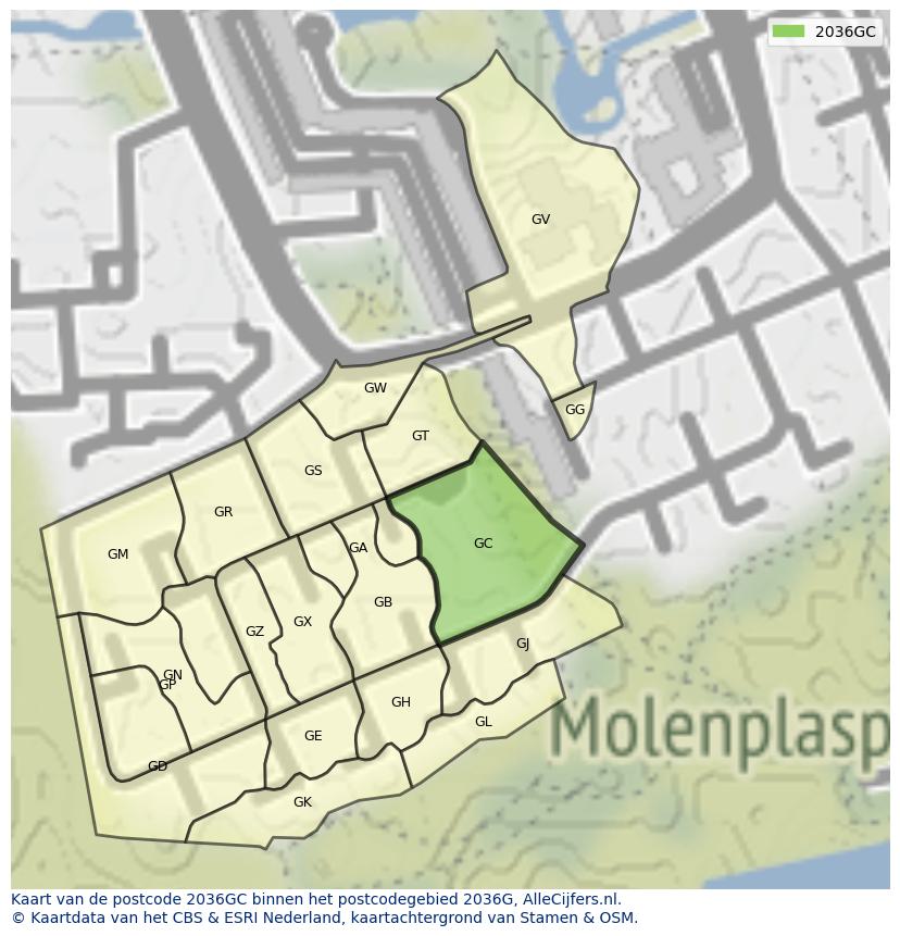 Afbeelding van het postcodegebied 2036 GC op de kaart.