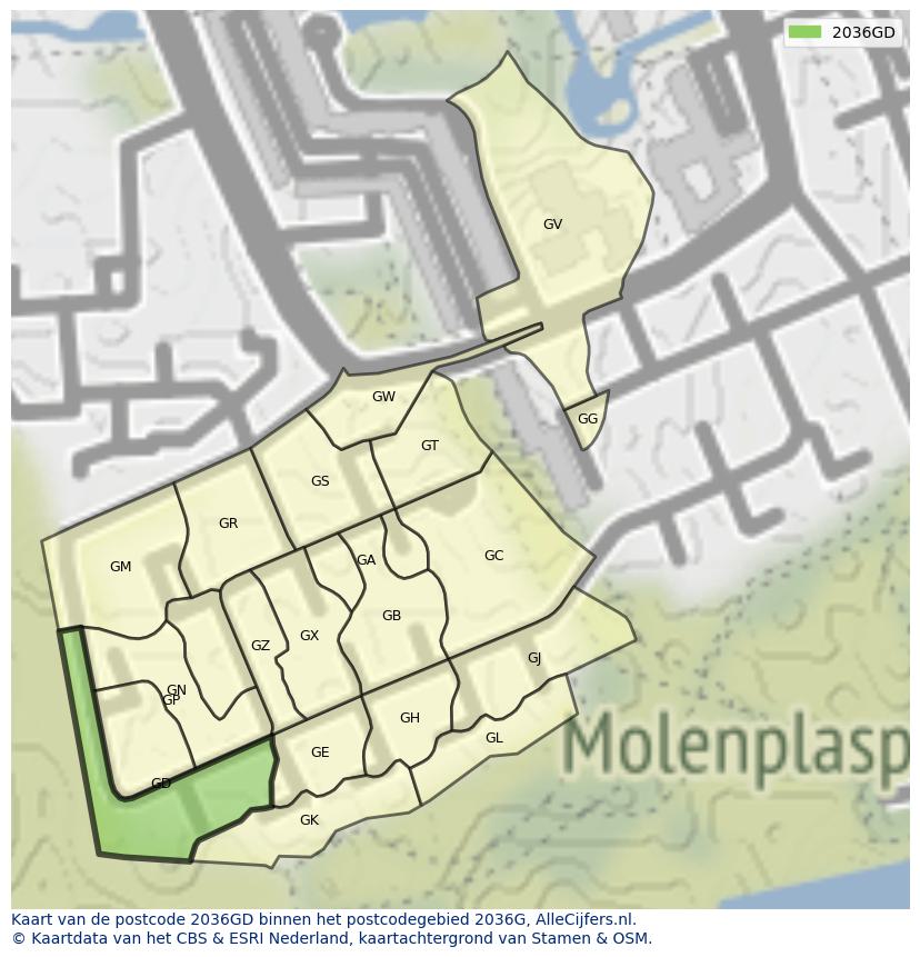 Afbeelding van het postcodegebied 2036 GD op de kaart.