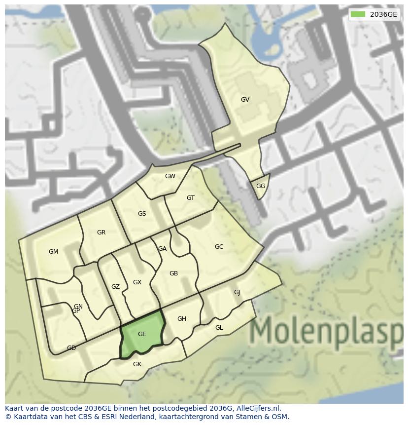Afbeelding van het postcodegebied 2036 GE op de kaart.
