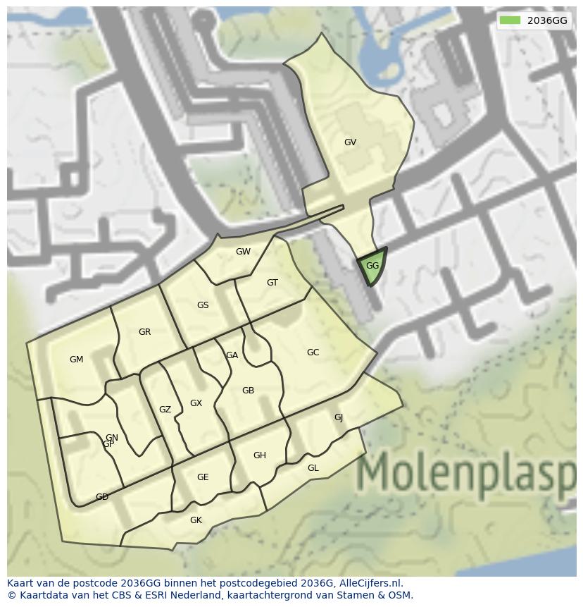 Afbeelding van het postcodegebied 2036 GG op de kaart.