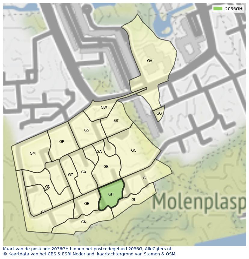Afbeelding van het postcodegebied 2036 GH op de kaart.