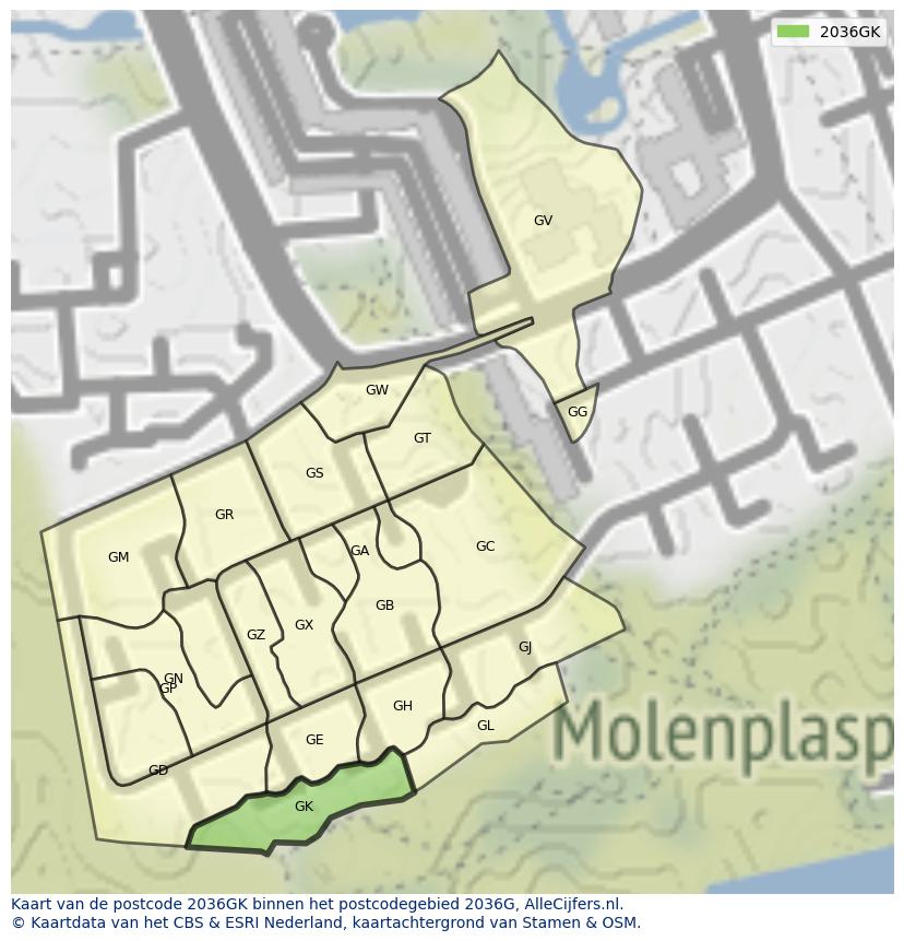 Afbeelding van het postcodegebied 2036 GK op de kaart.