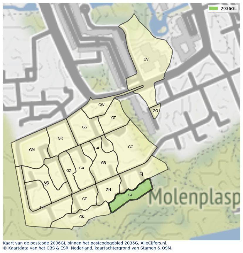 Afbeelding van het postcodegebied 2036 GL op de kaart.