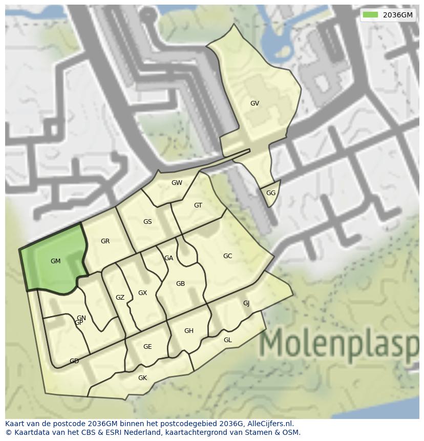 Afbeelding van het postcodegebied 2036 GM op de kaart.