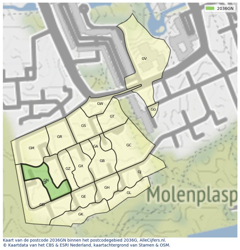Afbeelding van het postcodegebied 2036 GN op de kaart.