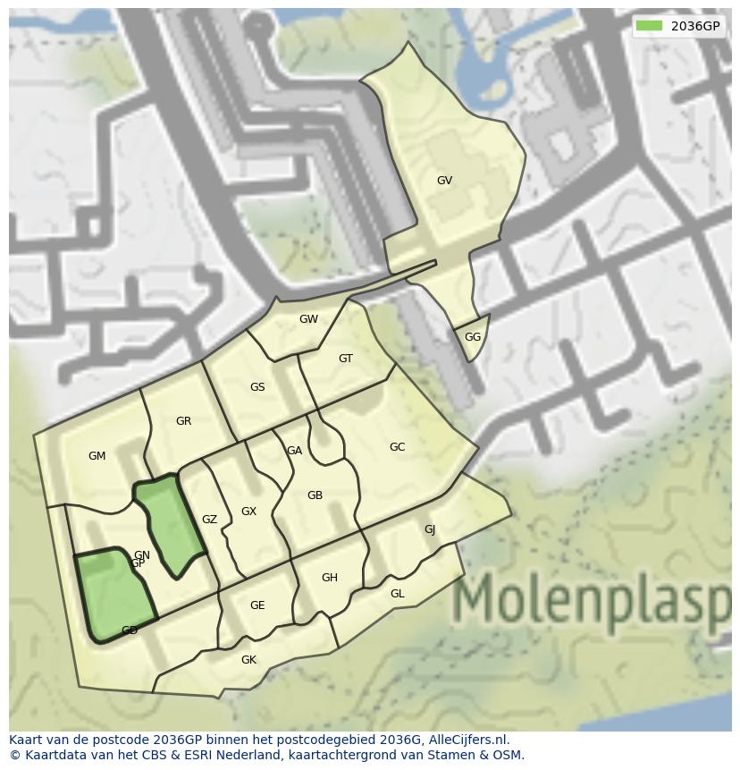 Afbeelding van het postcodegebied 2036 GP op de kaart.