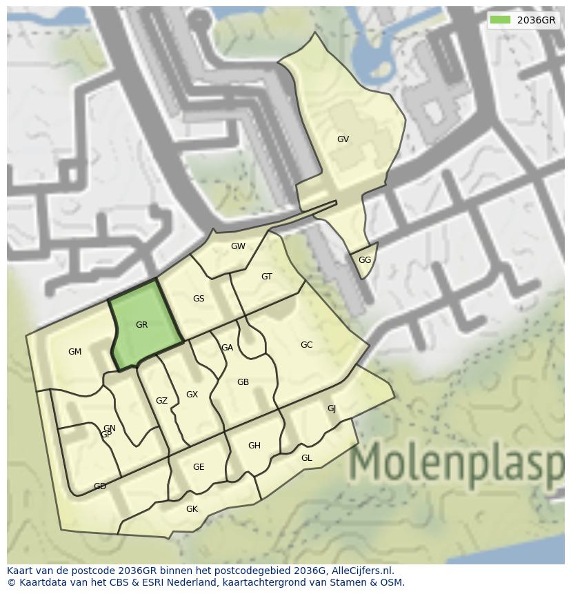 Afbeelding van het postcodegebied 2036 GR op de kaart.
