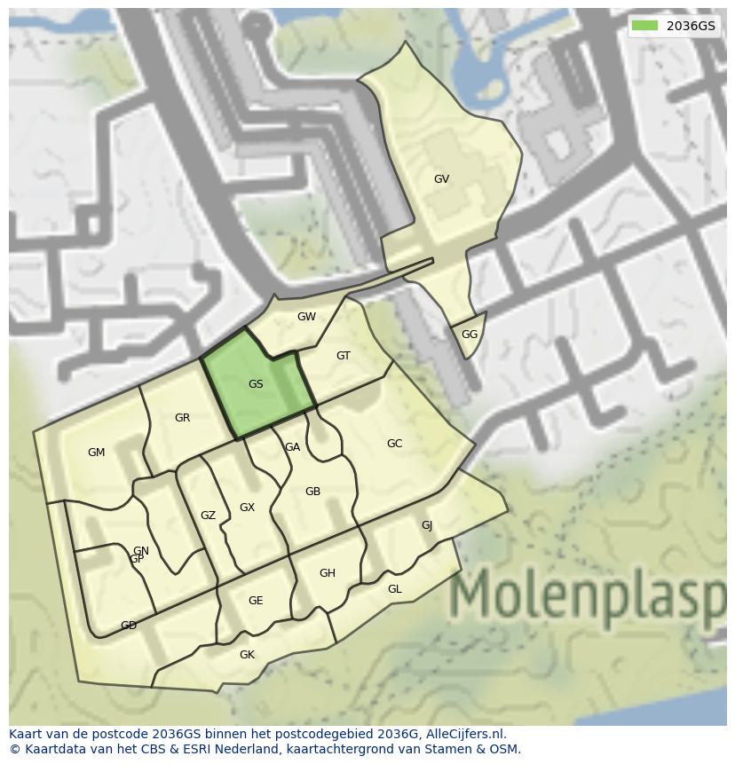 Afbeelding van het postcodegebied 2036 GS op de kaart.