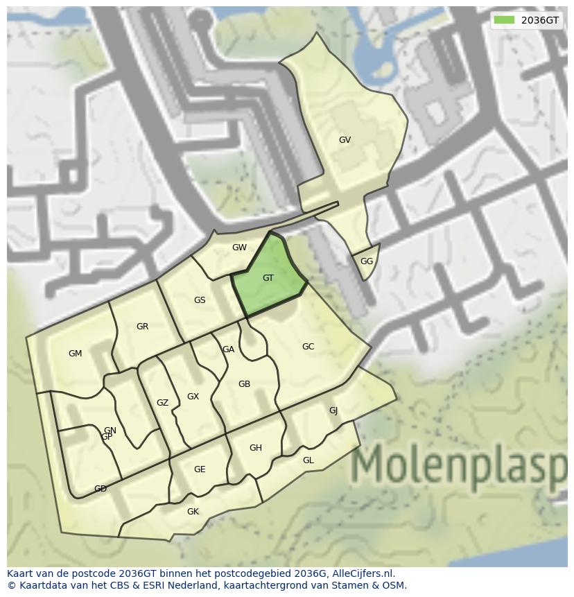 Afbeelding van het postcodegebied 2036 GT op de kaart.