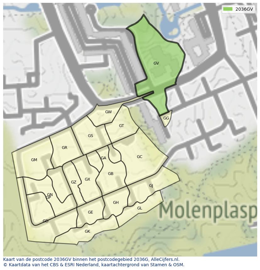 Afbeelding van het postcodegebied 2036 GV op de kaart.