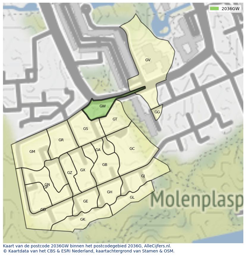 Afbeelding van het postcodegebied 2036 GW op de kaart.