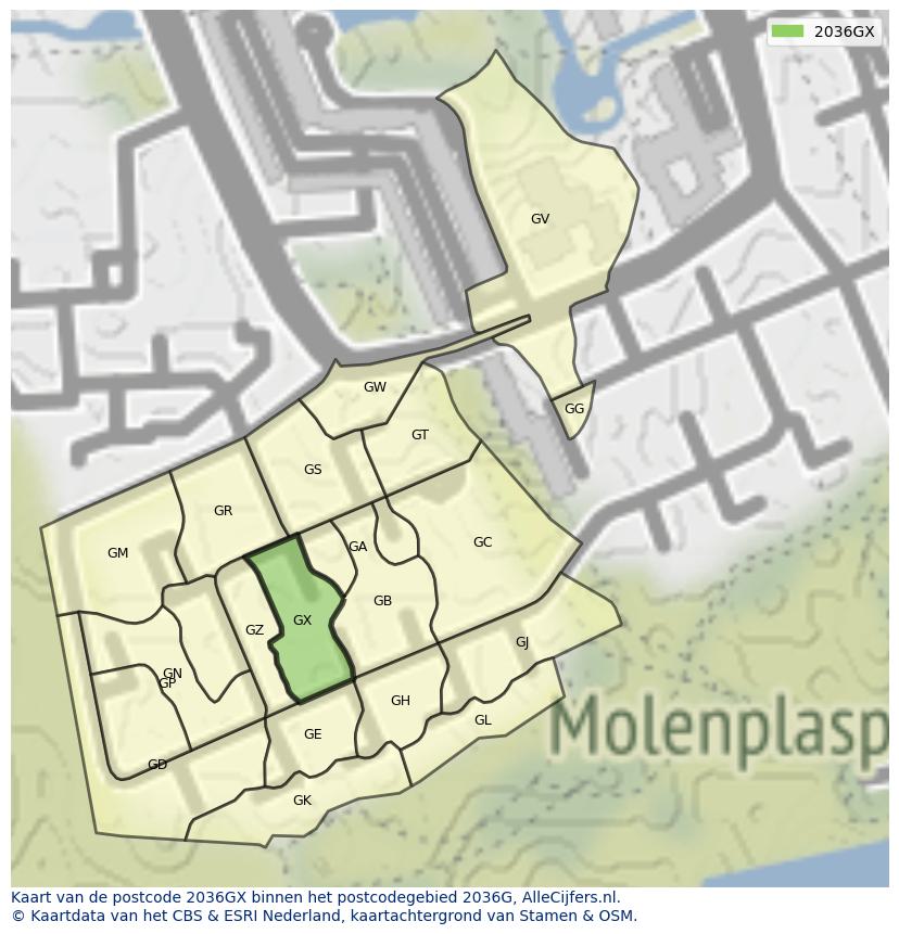 Afbeelding van het postcodegebied 2036 GX op de kaart.