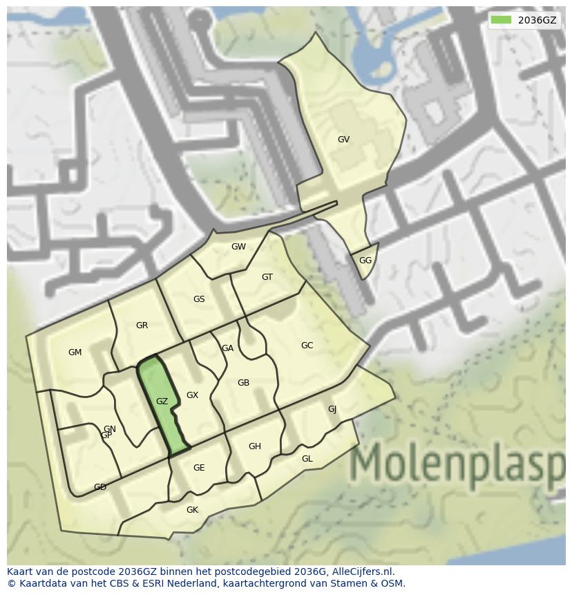 Afbeelding van het postcodegebied 2036 GZ op de kaart.