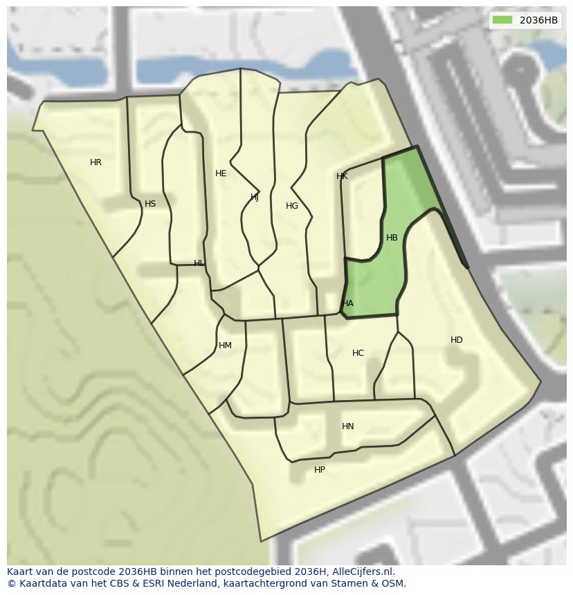 Afbeelding van het postcodegebied 2036 HB op de kaart.