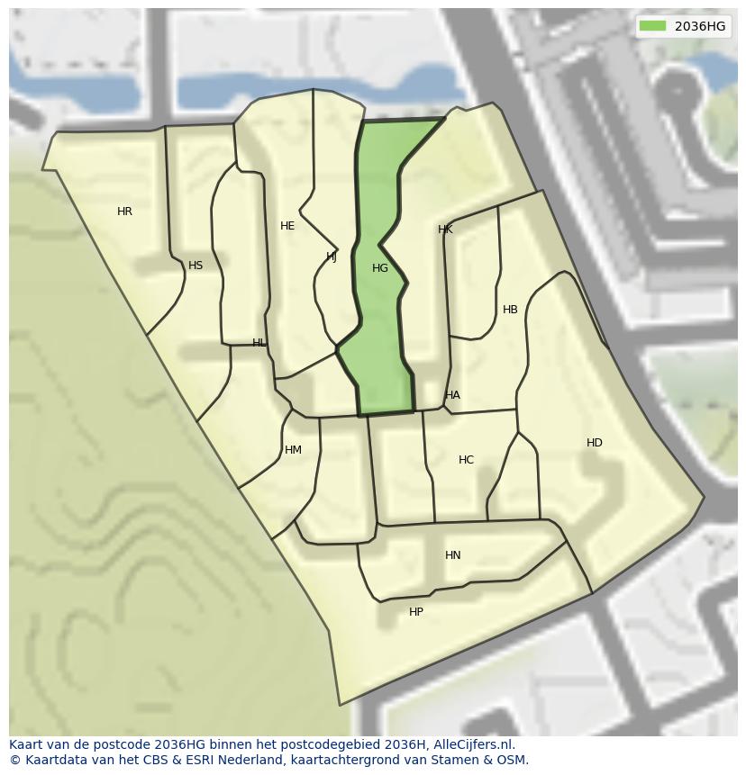 Afbeelding van het postcodegebied 2036 HG op de kaart.