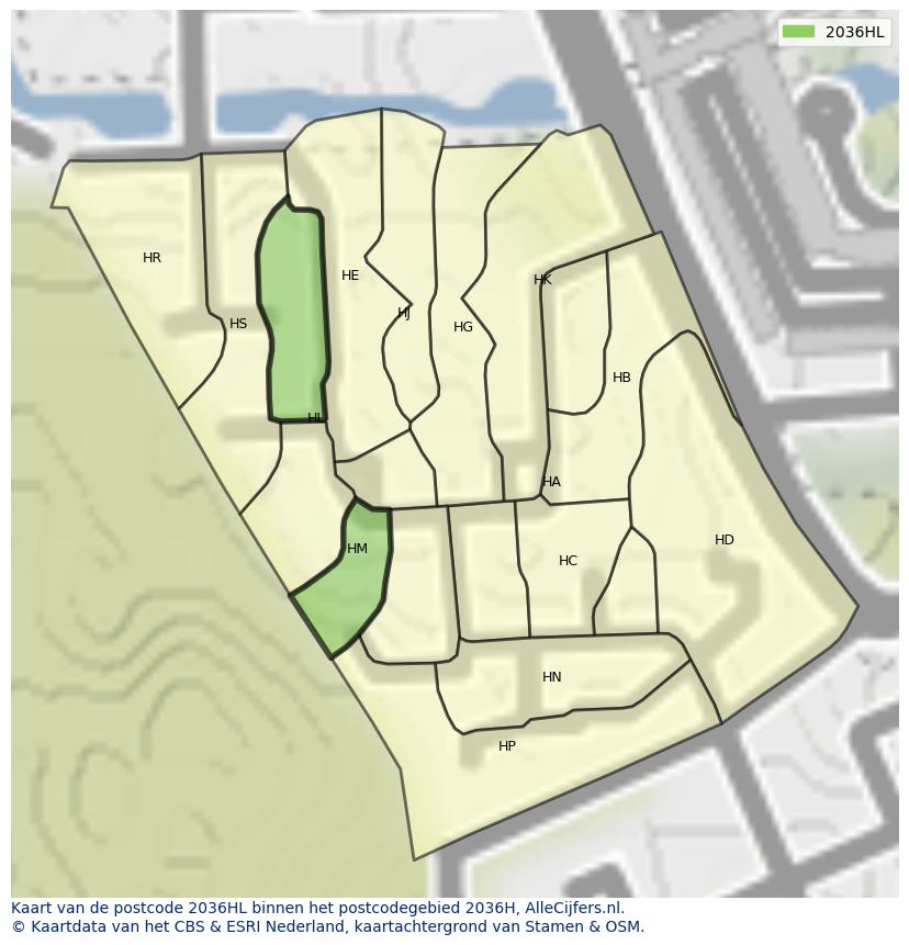 Afbeelding van het postcodegebied 2036 HL op de kaart.