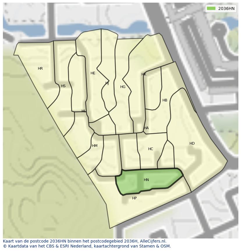 Afbeelding van het postcodegebied 2036 HN op de kaart.