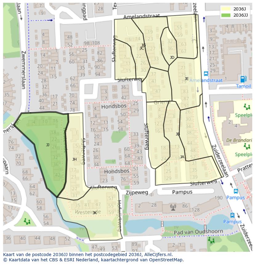 Afbeelding van het postcodegebied 2036 JJ op de kaart.