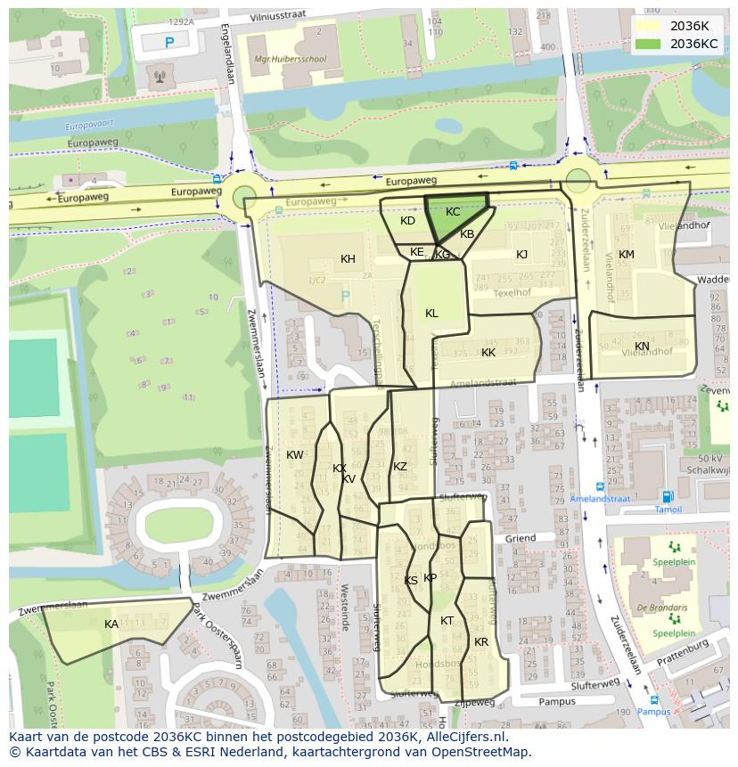 Afbeelding van het postcodegebied 2036 KC op de kaart.