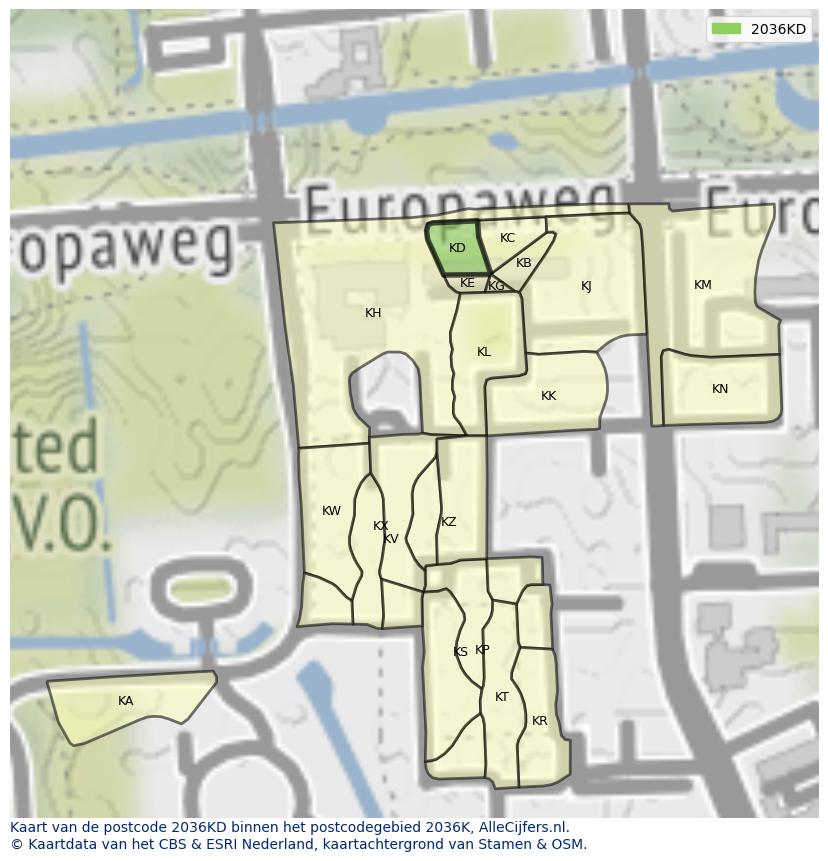 Afbeelding van het postcodegebied 2036 KD op de kaart.