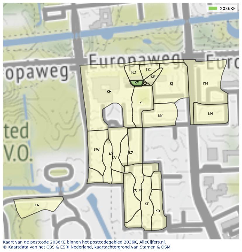 Afbeelding van het postcodegebied 2036 KE op de kaart.