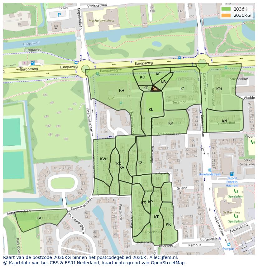 Afbeelding van het postcodegebied 2036 KG op de kaart.