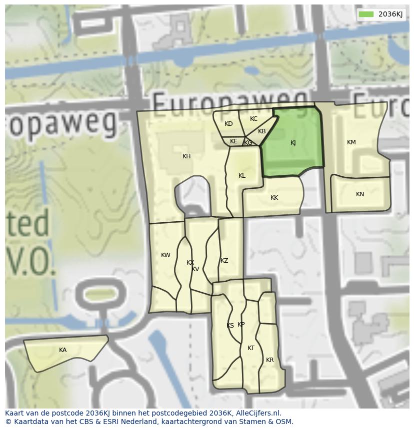 Afbeelding van het postcodegebied 2036 KJ op de kaart.