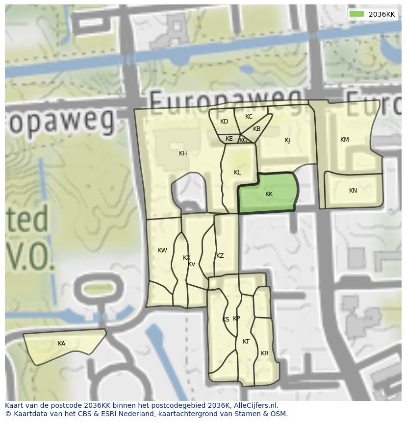 Afbeelding van het postcodegebied 2036 KK op de kaart.