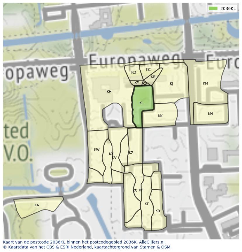 Afbeelding van het postcodegebied 2036 KL op de kaart.