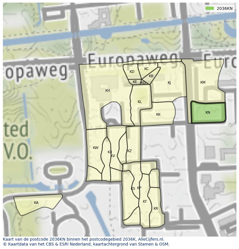 Afbeelding van het postcodegebied 2036 KN op de kaart.