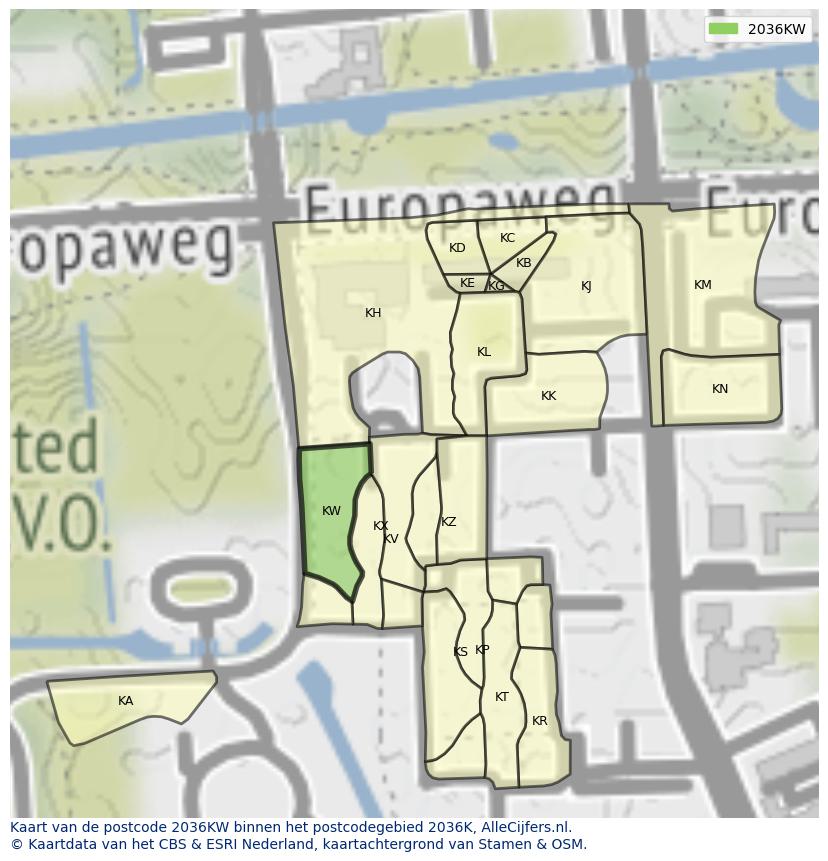 Afbeelding van het postcodegebied 2036 KW op de kaart.