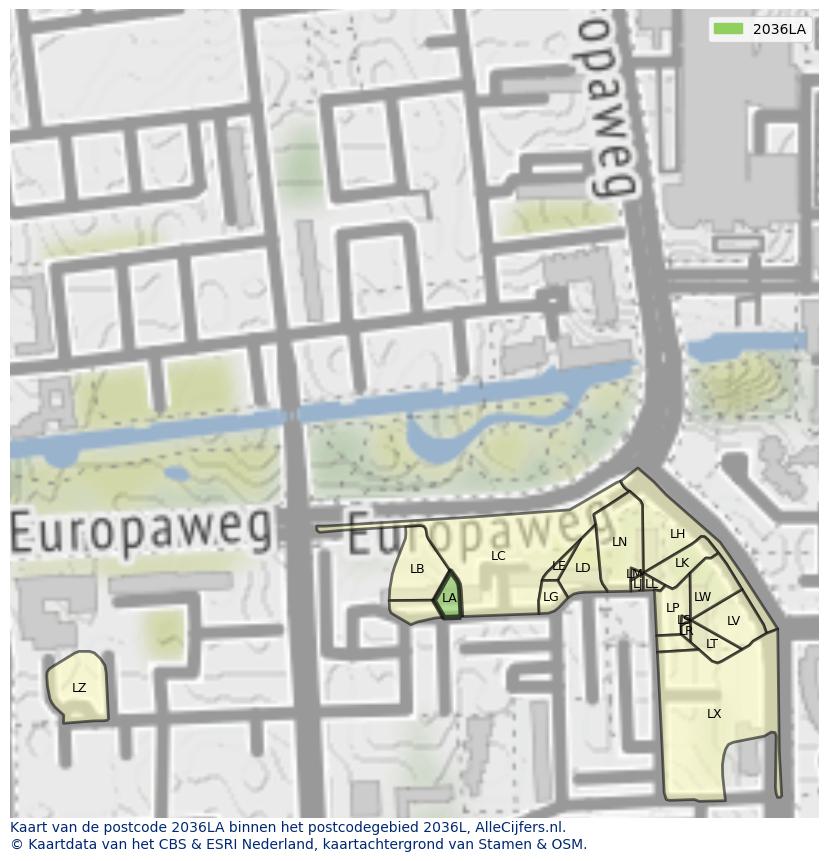 Afbeelding van het postcodegebied 2036 LA op de kaart.