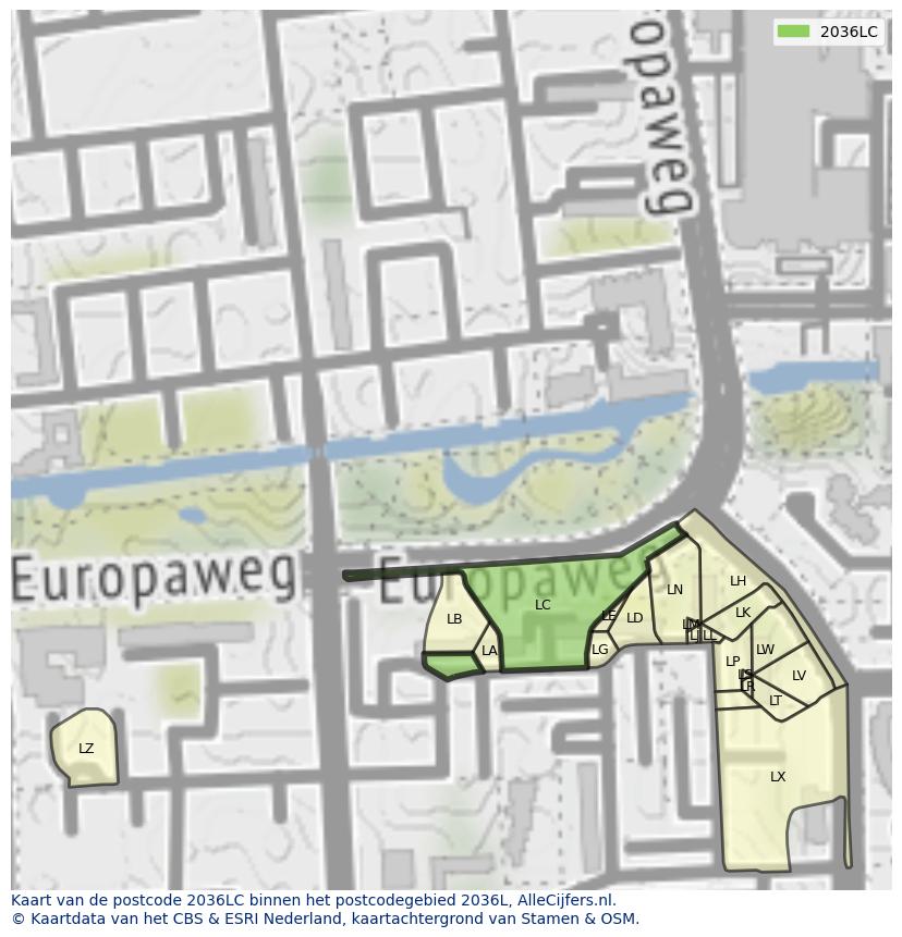 Afbeelding van het postcodegebied 2036 LC op de kaart.