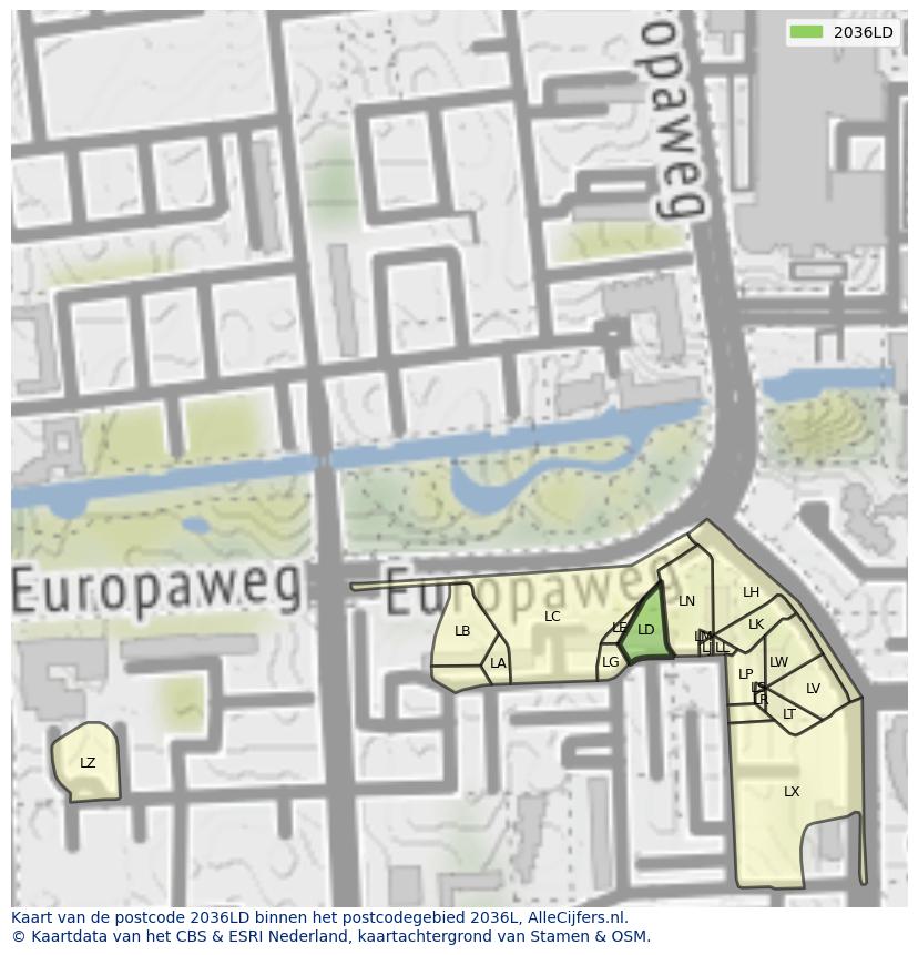 Afbeelding van het postcodegebied 2036 LD op de kaart.