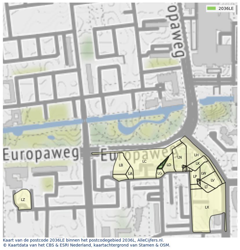 Afbeelding van het postcodegebied 2036 LE op de kaart.