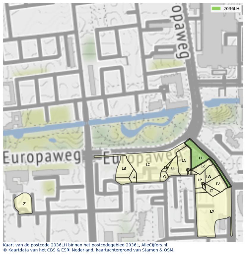 Afbeelding van het postcodegebied 2036 LH op de kaart.