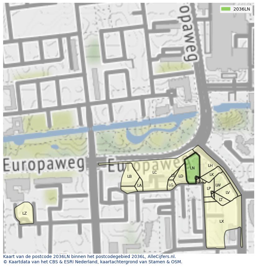 Afbeelding van het postcodegebied 2036 LN op de kaart.