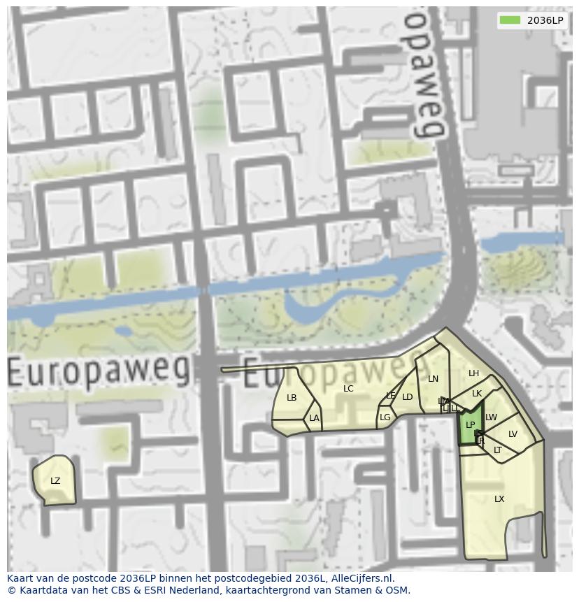 Afbeelding van het postcodegebied 2036 LP op de kaart.