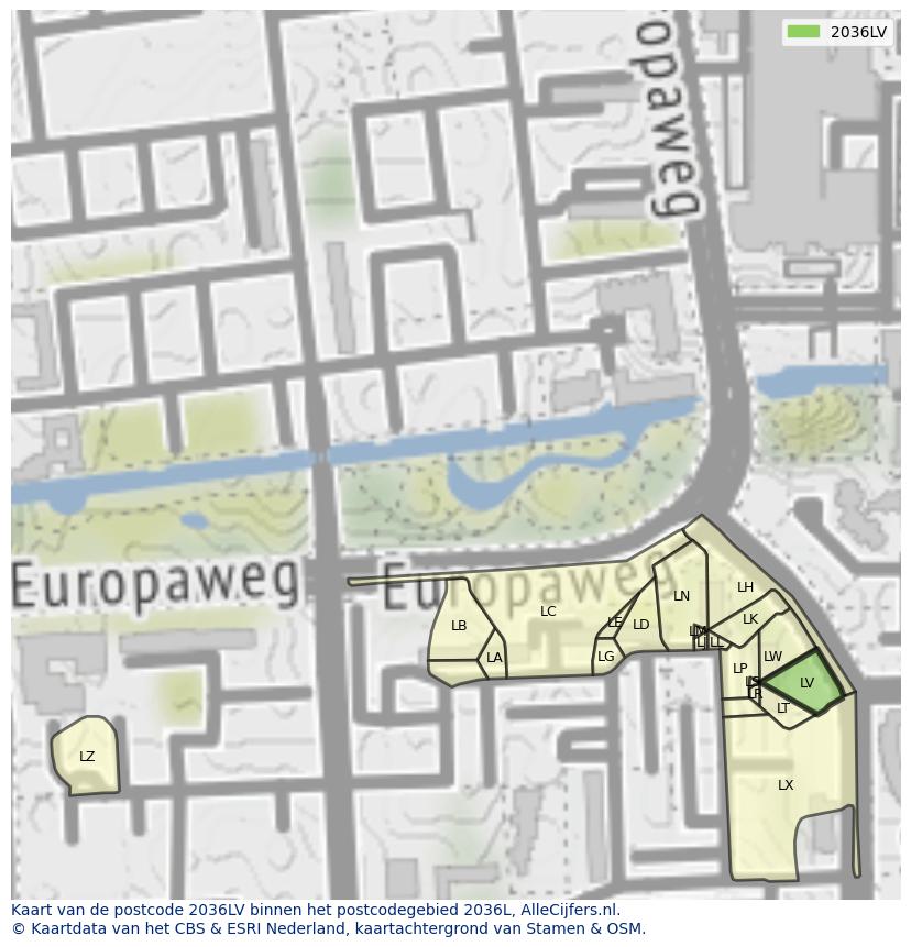 Afbeelding van het postcodegebied 2036 LV op de kaart.