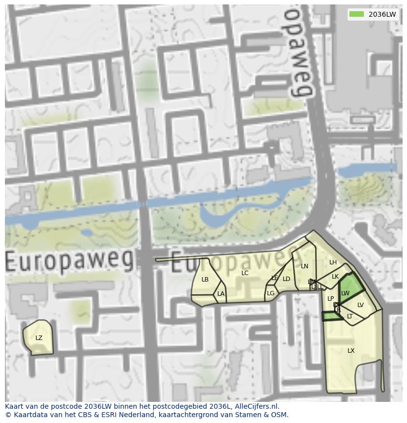 Afbeelding van het postcodegebied 2036 LW op de kaart.
