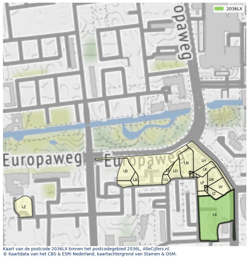 Afbeelding van het postcodegebied 2036 LX op de kaart.