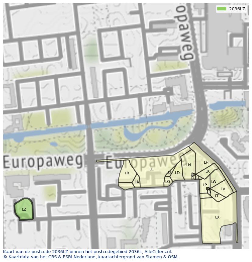 Afbeelding van het postcodegebied 2036 LZ op de kaart.