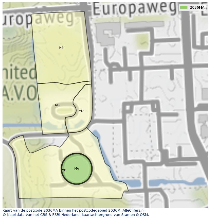 Afbeelding van het postcodegebied 2036 MA op de kaart.