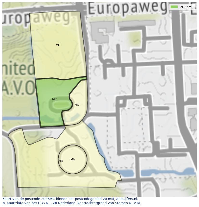 Afbeelding van het postcodegebied 2036 MC op de kaart.
