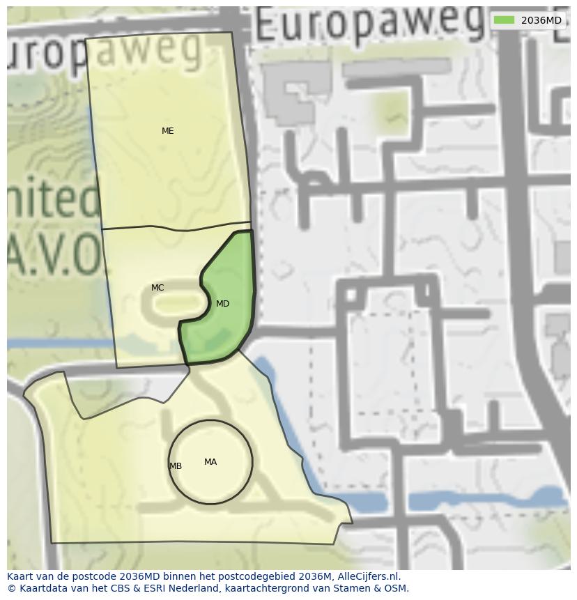 Afbeelding van het postcodegebied 2036 MD op de kaart.