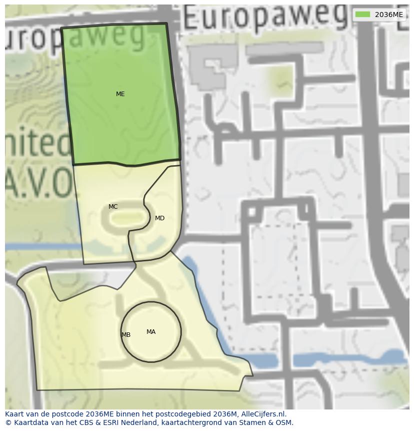 Afbeelding van het postcodegebied 2036 ME op de kaart.